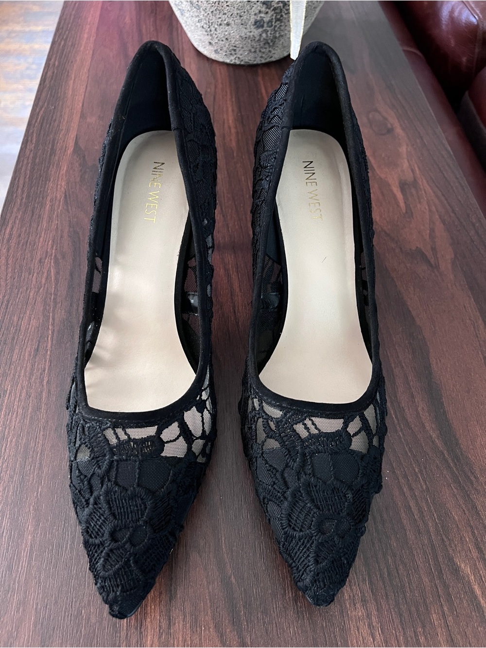 Nine West Black Floral Lace Pointed Pumps - Picture 2 of 6